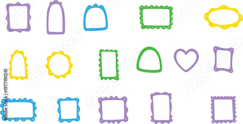 Frame border hand drawn cute set. Cute doodle frame border square, rectangle line photo picture shapes. Cartoon children kids bow scallop lace stamp retro vintage card. Vector illustration