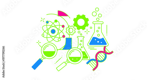 Conceptual Science Illustration Featuring Molecular Structure, Beakers, Magnifying Glass, and Gears