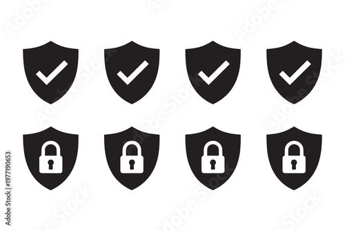Security on white background, shields checks locks, d
