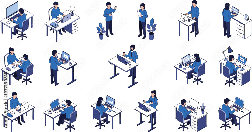 Fototapeta premium Isometric Business Character Vector Set Featuring People Working at Desks Using Laptops and Standing Workstations in Modern Office Environments for Corporate Tech Concepts
