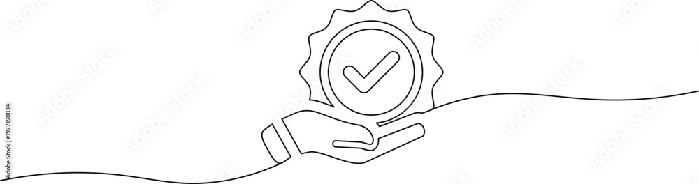 Εκτύπωση καμβά A hand holding a checkmark icon on a white background with a line drawing style