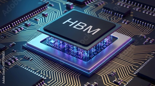 HBM high bandwidth memory chip on futuristic motherboard representing advanced computing technology AI processing speed data performance and semiconductor innovation concept