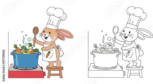 Cute cartoon bunny chef stirring healthy vegetable soup in a pot, side-by-side coloring page illustration with colored example.