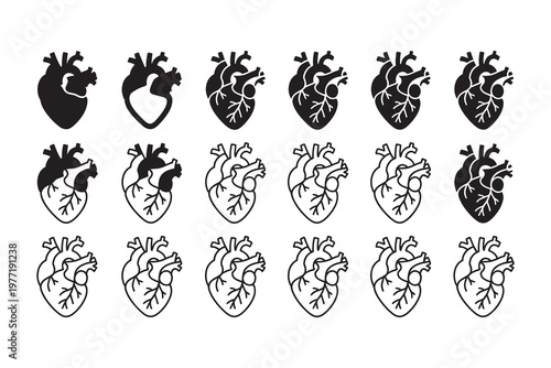 Various anatomical heart black white symbols