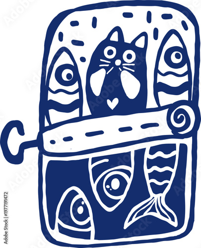 Whimsical cute sardines with cat in tin can seafood hand drawn