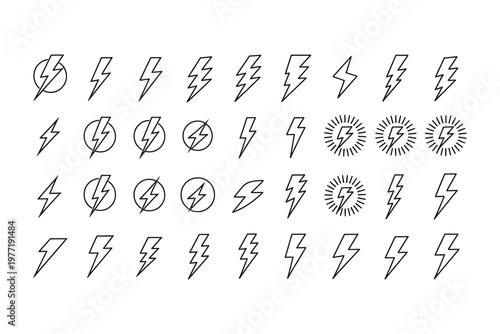Various lightning bolt on white background, symbols black electricity, des