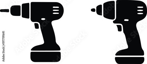 Two black cordless drill icons isolated on white background