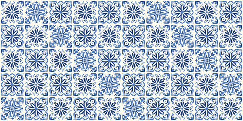 Fotobehang Portugese tegeltjes patronen Blue and white azulejo tile pattern with ornate floral and geometric motifs. Traditional Portuguese ceramic mosaic background inspired by vintage decorative wall tiles and classic Mediterranean style.  © Danchenko