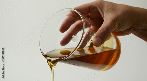 Thick golden honey flowing from a glass jar held by a hand against a light gray studio background