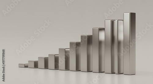 Three dimensional metallic bar chart showing progressive growth on a neutral light background