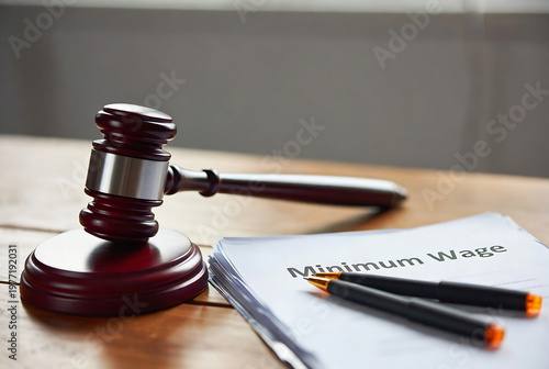 A gavel rests on a wooden surface with documents related to minimum wage and writing implements. It suggests an issue of labor law and compensation.