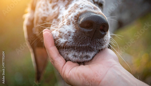 Gentle Touch with Dog: A tender moment unfolds as a hand gently caresses the muzzle of a dog, a close-up shot capturing the bond between human and animal.