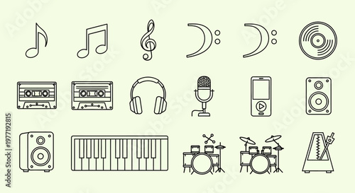 Music icons set including notes headphones microphone and instruments