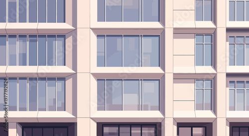 Architectural facade featuring minimalist building design with multiple windows and clean lines