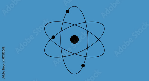 Depiction of an atom with orbiting particles over a soothing blue backdrop