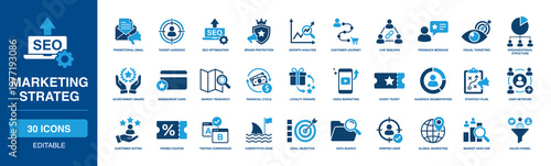 Marketing strategy solid vector glyph promotional email target audience seo optimization customer journey market research sales funnel visual