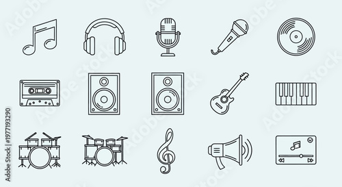 Music icons set including notes headphones microphone and instruments