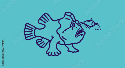 Anglerfish with Lure Illustration, Deep Sea Creature, Cartoon Style