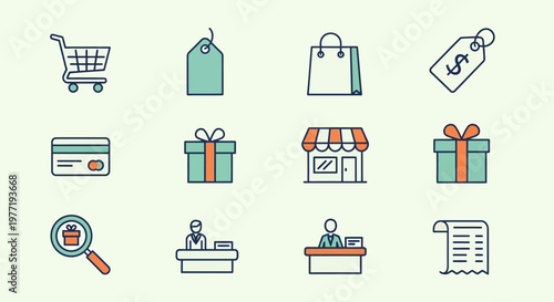 E commerce shopping icons set with store gift card and receipt