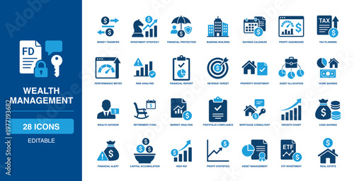 Wealth management solid vector glyph money transfer investment strategy banking profit dashboard tax planning risk analysis asset allocation