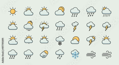 Weather forecast icons set sun cloud rain snow wind lightning