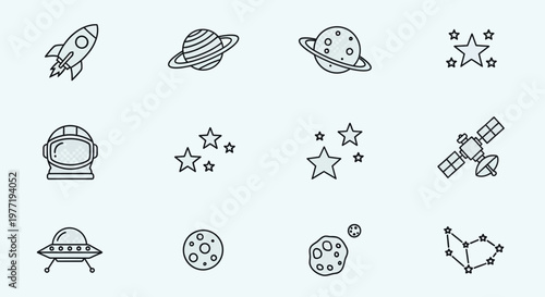 space icons set with planets stars and rockets