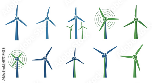 Illustrated collection of renewable energy wind turbines in different designs and styles
