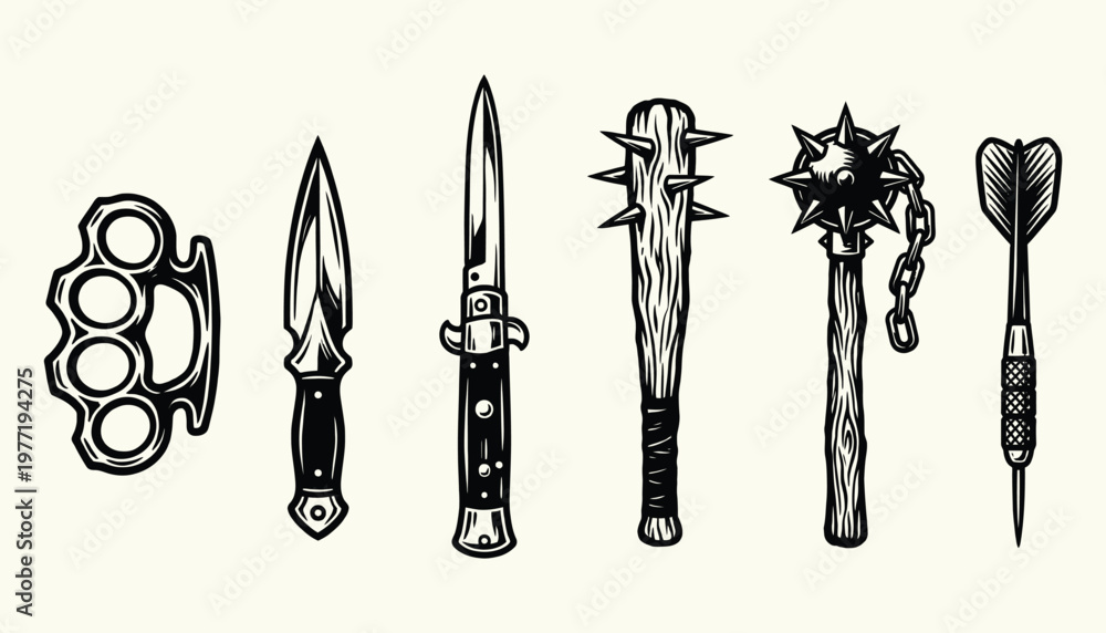 Αυτοκόλλητο Vintage Hand Drawn Melee Weapon Set with Knuckles Knife Mace and Club