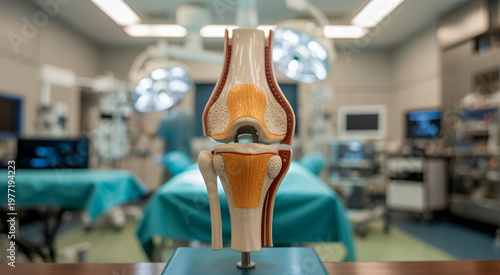 Anatomical model of a human knee joint standing on a table in a blurred hospital operating room