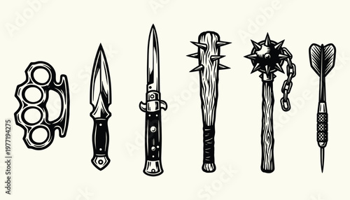 Vintage Hand Drawn Melee Weapon Set with Knuckles Knife Mace and Club