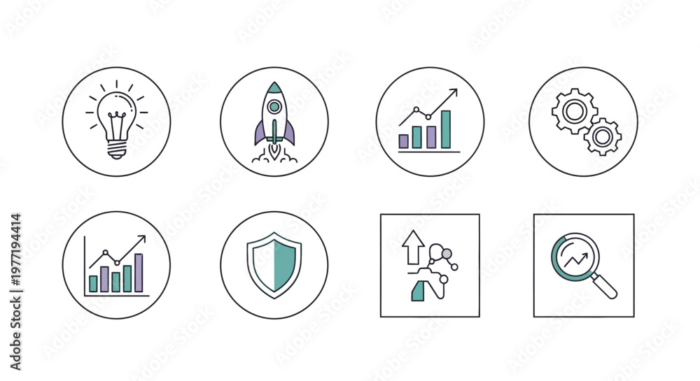 Fototapeta premium Conceptual icons representing innovation, business growth, and market analysis in a circular design