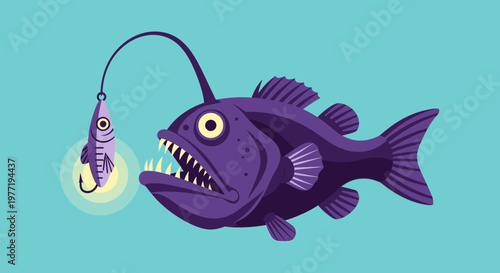 Deep Sea Anglerfish Lures Small Fish with Bioluminescent Light
