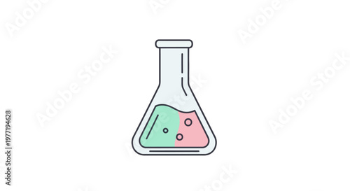 Illustrated chemical flask with green and pink liquids, scientific study, isolated on white