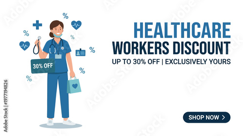 Healthcare Workers Discount Banner with Medical Symbols