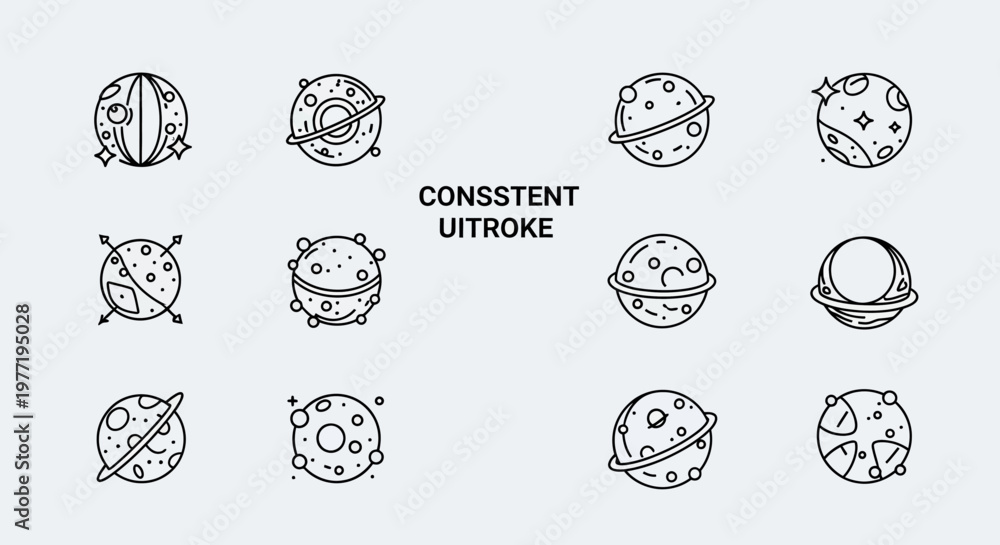 Fototapeta premium Black line art planets and moons in space with text Consistent Uitroke
