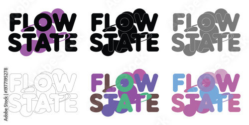 Flow state typography design displays bubbly lettering with several color palettes.