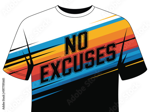 T-shirt design displays a powerful motivational slogan over a retro stripe theme.
