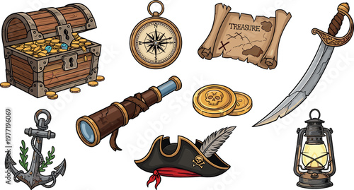Pirate Treasure Hunt Illustration Set with Chest, Compass, Map, Telescope, Coins, Sword, and Pirate Hat for Adventure and Fantasy Graphics