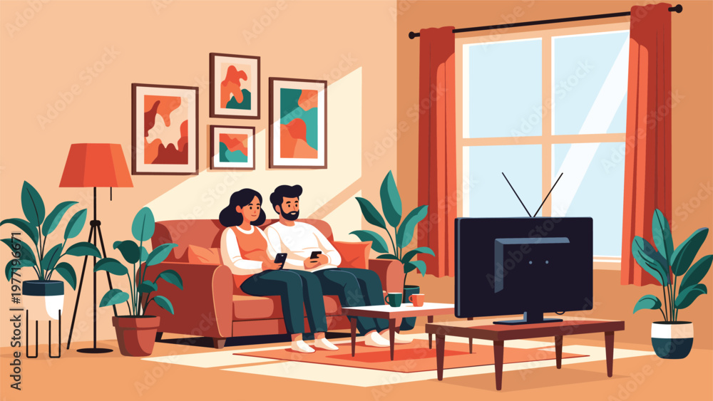 Fototapeta premium Young couple sitting together on a comfortable sofa in their living room while both are distracted by their smartphones.