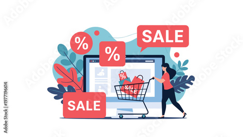 Young woman pushing a shopping cart full of bags in front of a computer screen showing big sales, discounts, and percentage signs.