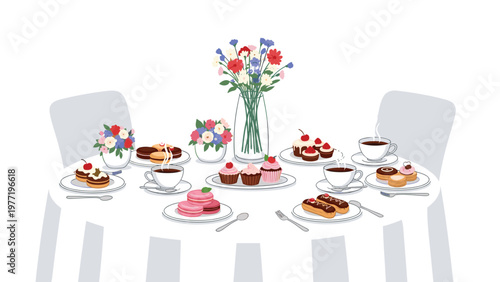 Elegant white table filled with a variety of delicious desserts including cupcakes, macarons, eclairs, cookies, and fresh flowers.