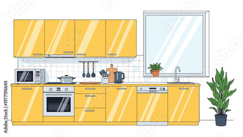 Clean and contemporary kitchen interior with bright yellow cabinets, white tile backsplash, large window, and indoor plant.