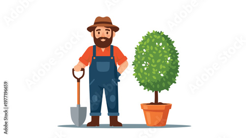 Friendly gardener in blue overalls and a brown hat standing proudly with a shovel next to a manicured green tree in a pot.