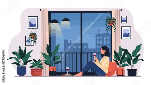 Young woman relaxing at home at night, sitting on a balcony with a glass of wine and looking at the illuminated city skyline.