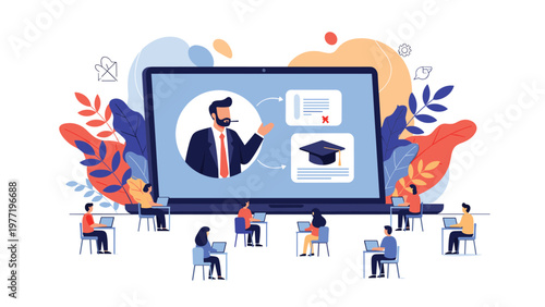 Professional male instructor teaches a large online course to a group of remote students who are studying using laptops.