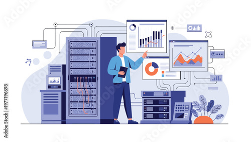 Information technology professional points at data visualization screens while standing in a high tech server room facility.