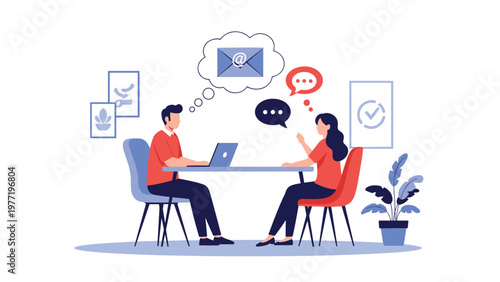 Two people sit at a table and have a productive discussion while icons representing messages and emails float above them.