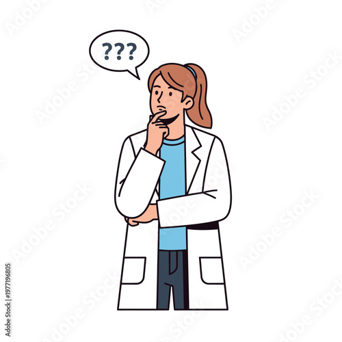 Woman scientist in lab coat thinking with question marks in speech bubble