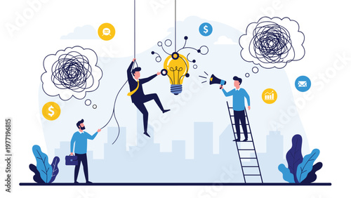 Creative business team works together to develop a new idea represented by a large lightbulb while overcoming complex hurdles.