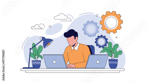 Professional businessman working on two laptops at a modern desk with mechanical gears representing high productivity.